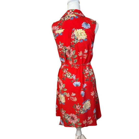 Umgee Red Floral Collared Shirt Dress Small Tie Waist Button Front Cottagecore - Picture 4 of 8
